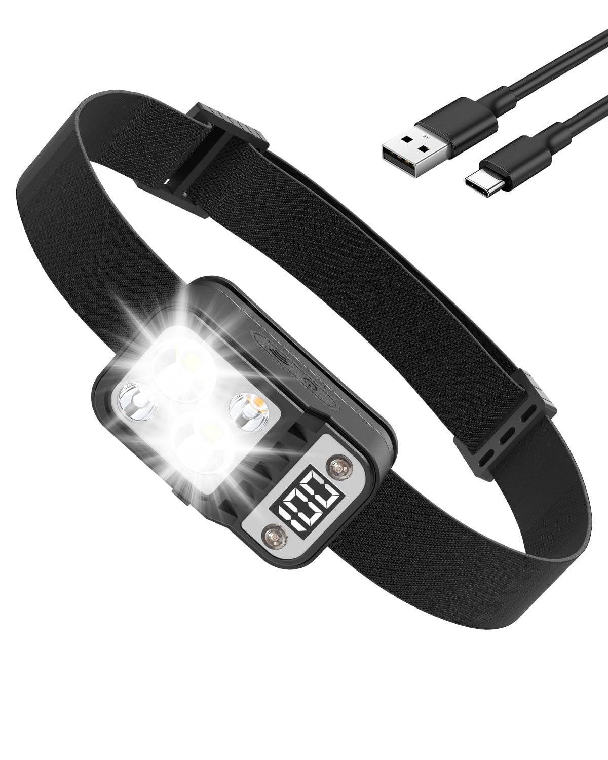 Andizun Head Torch Rechargeable, Digital Display Super Bright LED Headlamp Headlight with Sensor Control & 5 Light Modes, IPX4 Waterproof, Hands-Free for Cycling Power Cuts, Emergency etc