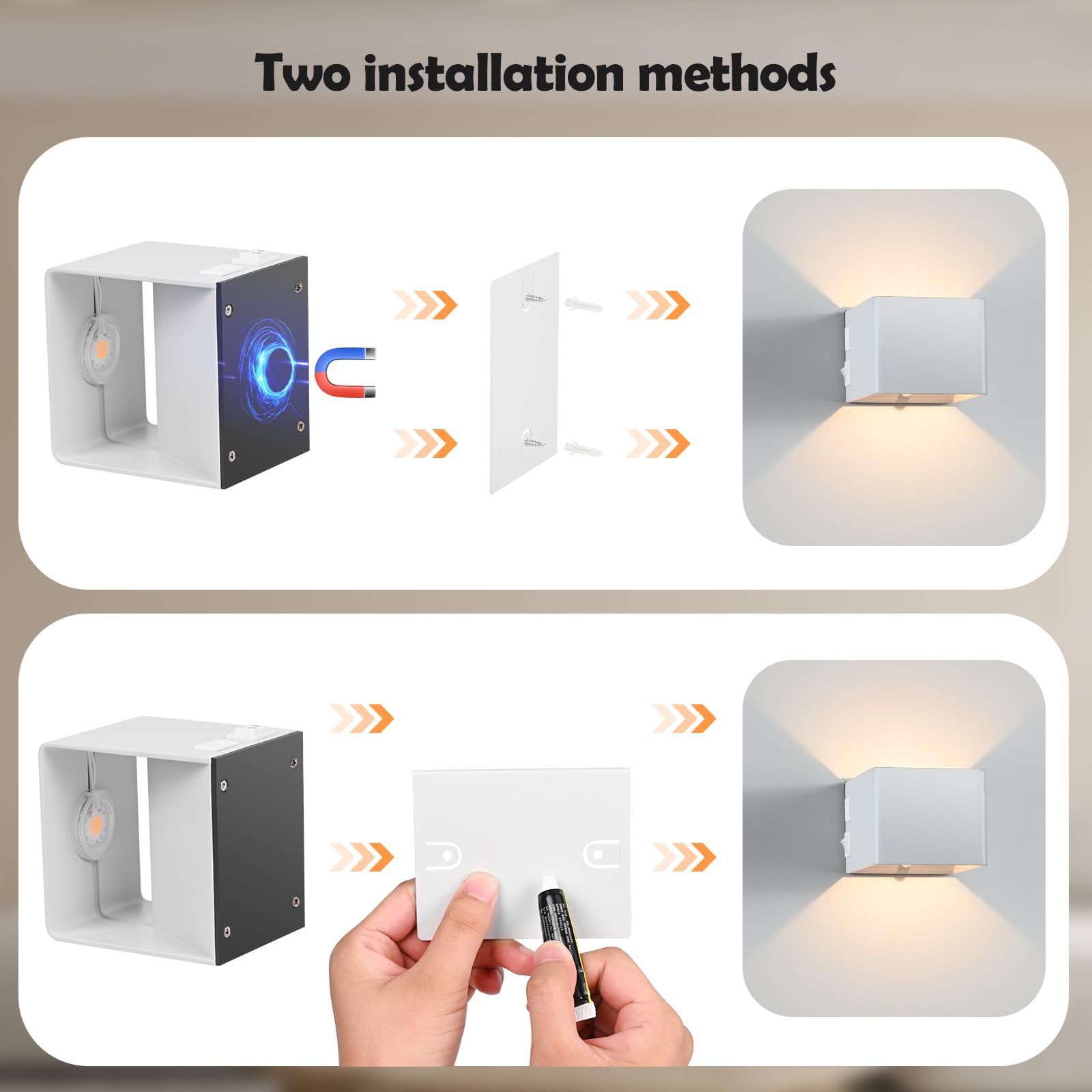 Euakee 2 Piezas 4000mAh Luz de Pared de Interior, Aplique de Pared Interior con Sensor de Movimiento, Lámpara de Pared con Batería de Carga USB, 4000K Lampara sin Cable para Dormitorio, Pasillo