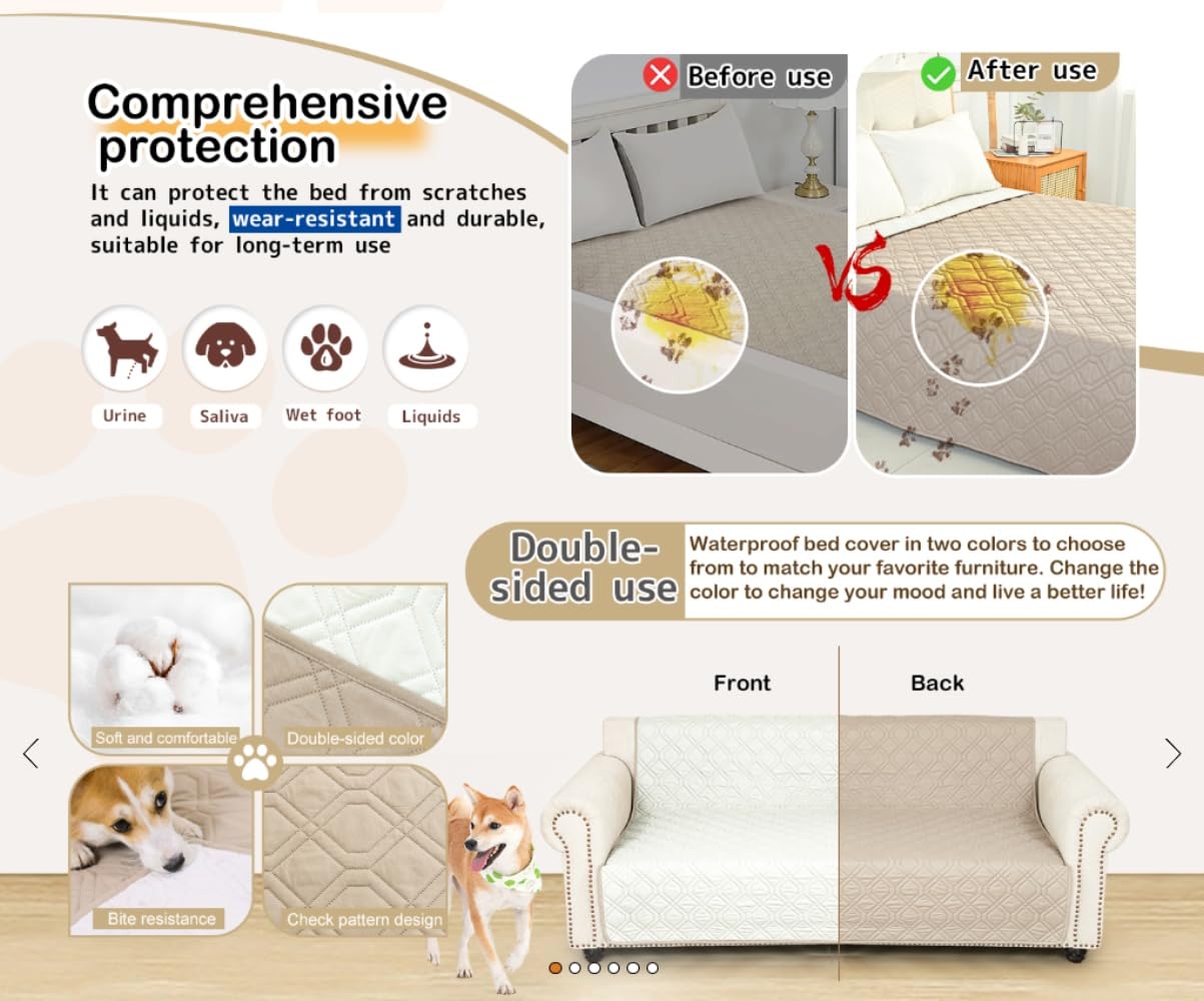 Couverture Imperméable pour Chien, Tapis de Chien Robuste Protection Canapé Lit Voiture Antidérapants, Lavable en Machine, Idéale pour Grandspetits Chiens (Kaki,200x260 cm)