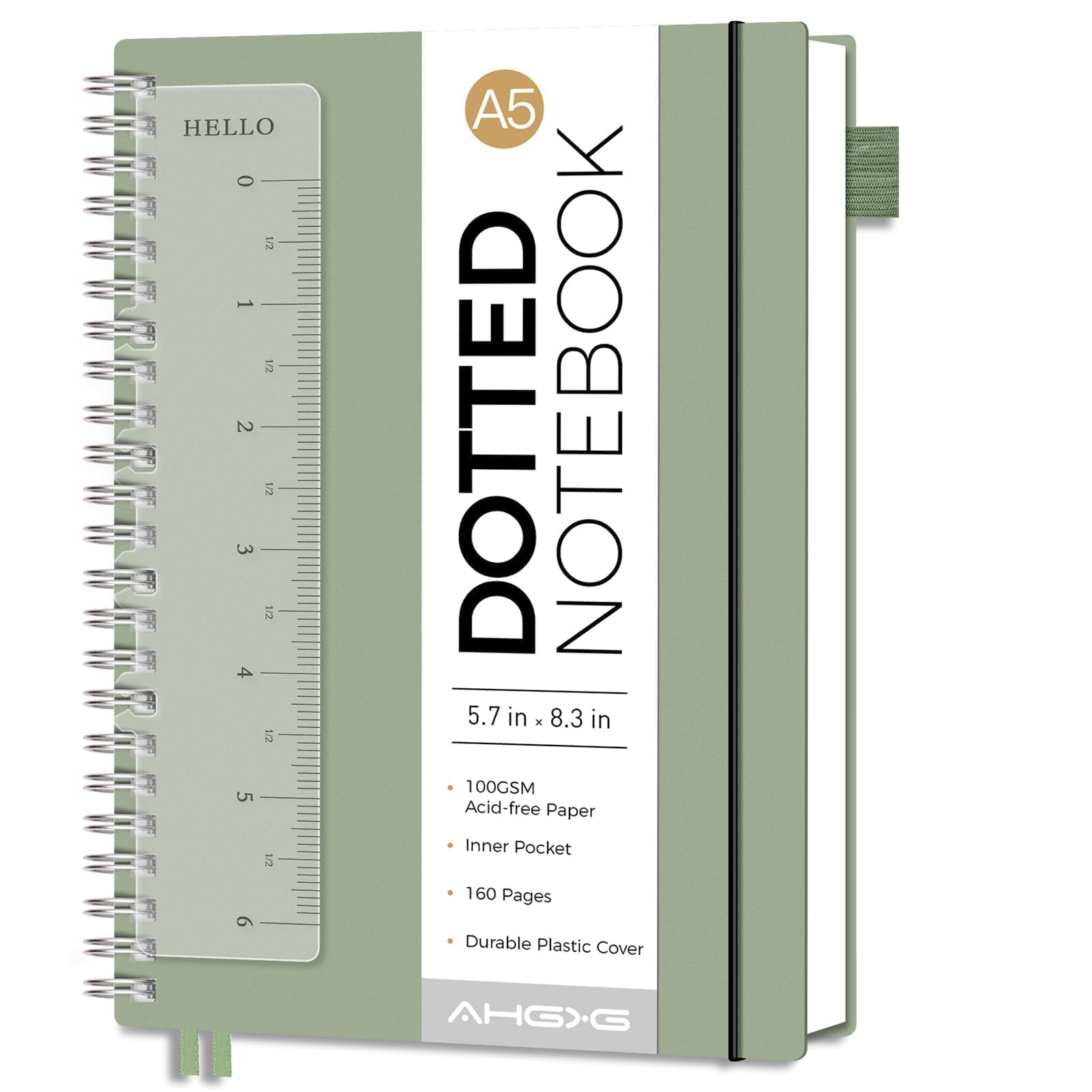 AHGXG Dotted Journal - Dot Grid Spiral Notebook A5, 160 Pages, 100 GSM Thick Paper, Waterproof Plastic Cover Journals for Journaling, Sketching, 5.7"