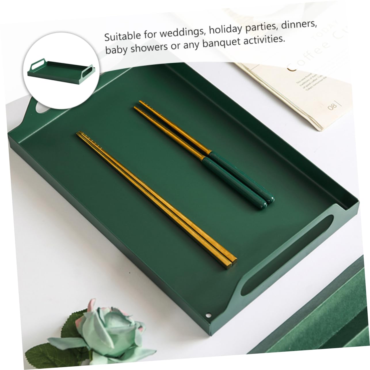 Plateau Rectangulaire en Métal Vert avec Poignées en Fer