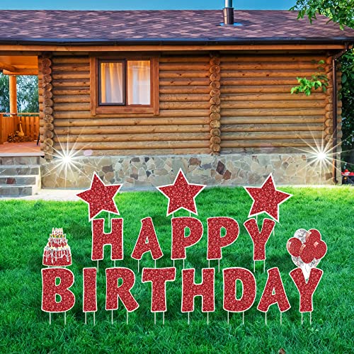 image for Jetec 18 Pieces Happy Birthday Yard Signs with Stakes, 16 Inches Birth