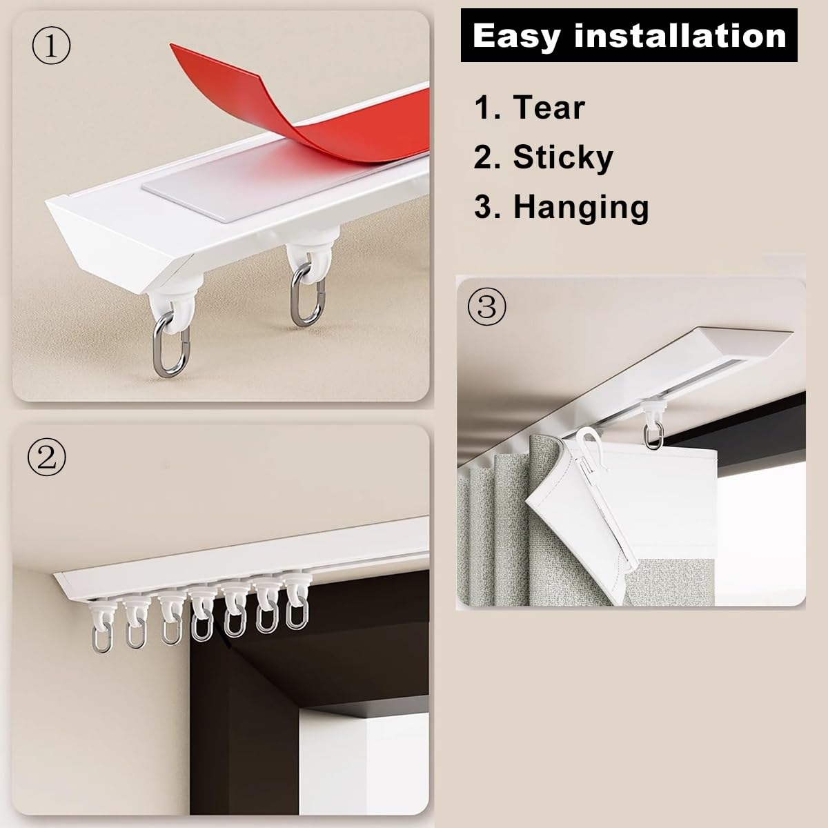Support de tringle auto-adhésif sans perçage pour plafond et mur, facile à installer pour salon, chambre à coucher, cuisine et plus encore (blanc, 190 cm)
