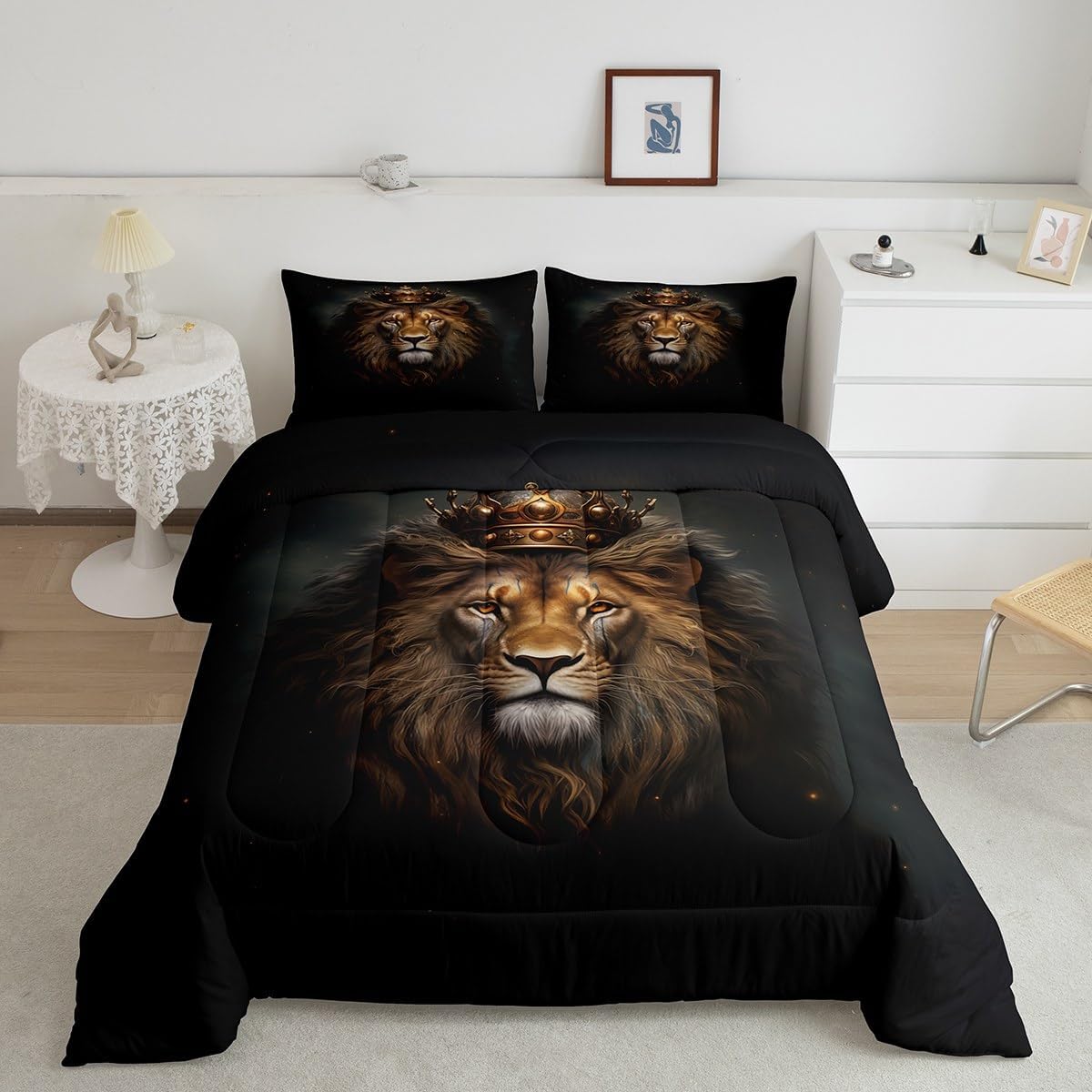 Erosebridal Comforter Set King Size, King Lion Golden Print Bedding Black 3D Lion Animal Print Bedding Comforter Sets, Crown Lion African Wildlife Duvet Insert for Kids and Adults Baby Boy Gifts