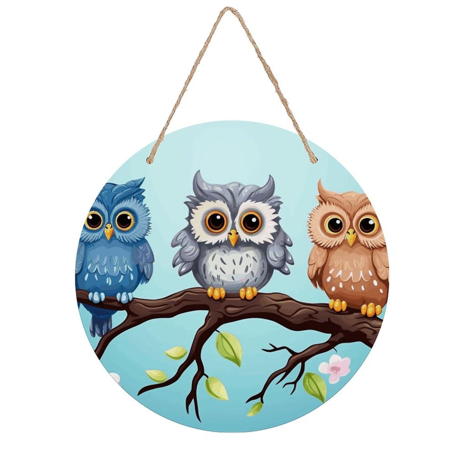 LZQPOEAS Owls on A Branch Round Wood Wall Art Painting, 7.9 Inch Circular Wooden Door Hanger Decorative Paintings, Rope-Hanging Wooden Wall Plaque for Home Decor And Office Party
