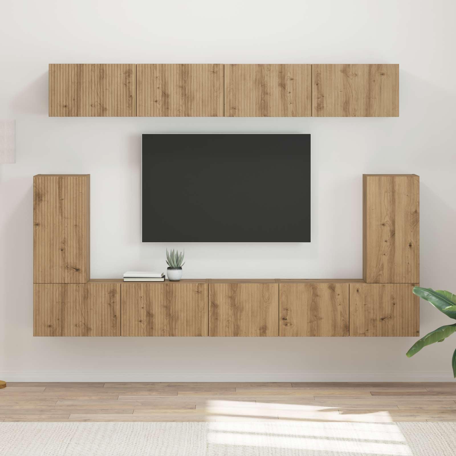Mueble de TV montado en la pared, 5 piezas de roble Artisan, moderno centro multimedia, muebles de entretenimiento para sala de estar