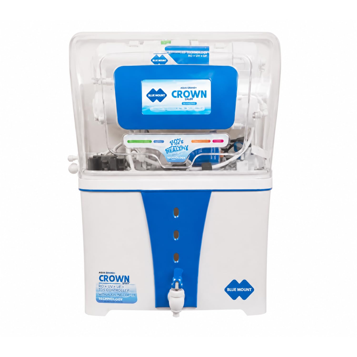 Blue Mount Aqua Grand Crown RO Water Purifier | RO + UV + UF + TDS Controller with Alkaline Copper Technology | Wall Mount Water Filter for Home & Office | Advanced Purification System, White & Blue-image-16