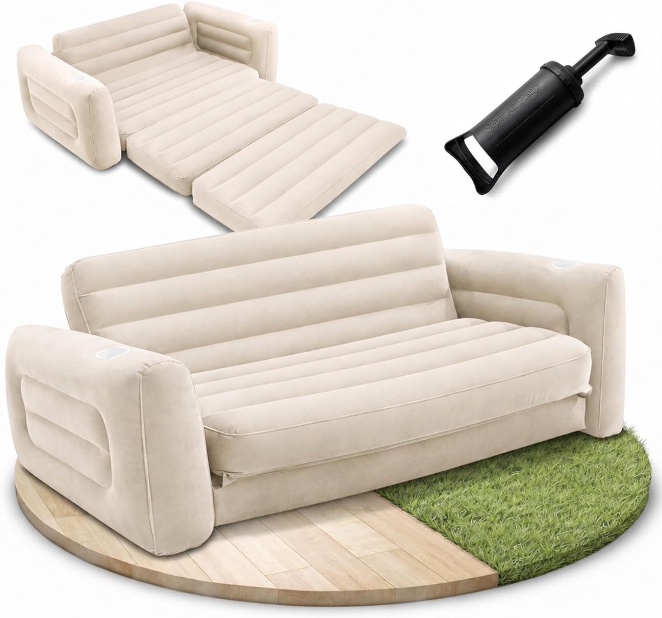 Aufblasbares Sofa Camping mit Pumpe – 2 in 1 Sofa Luftmatratze Camping 2 Personen – Bequeme Camping Couch – Weiche, geflockte Oberfläche – Gästebett aufblasbar (Creme)
