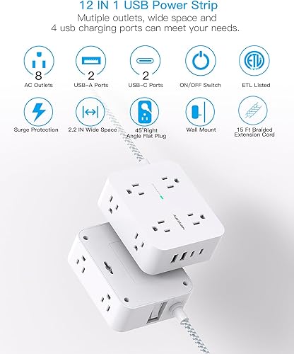 Miniatura 2 de Regleta protectora de sobretensiones de 15 pies de largo, cable de extensión de 15 pies con 8 tomas, 4 puertos USB (2 USB C), enchufe plano,