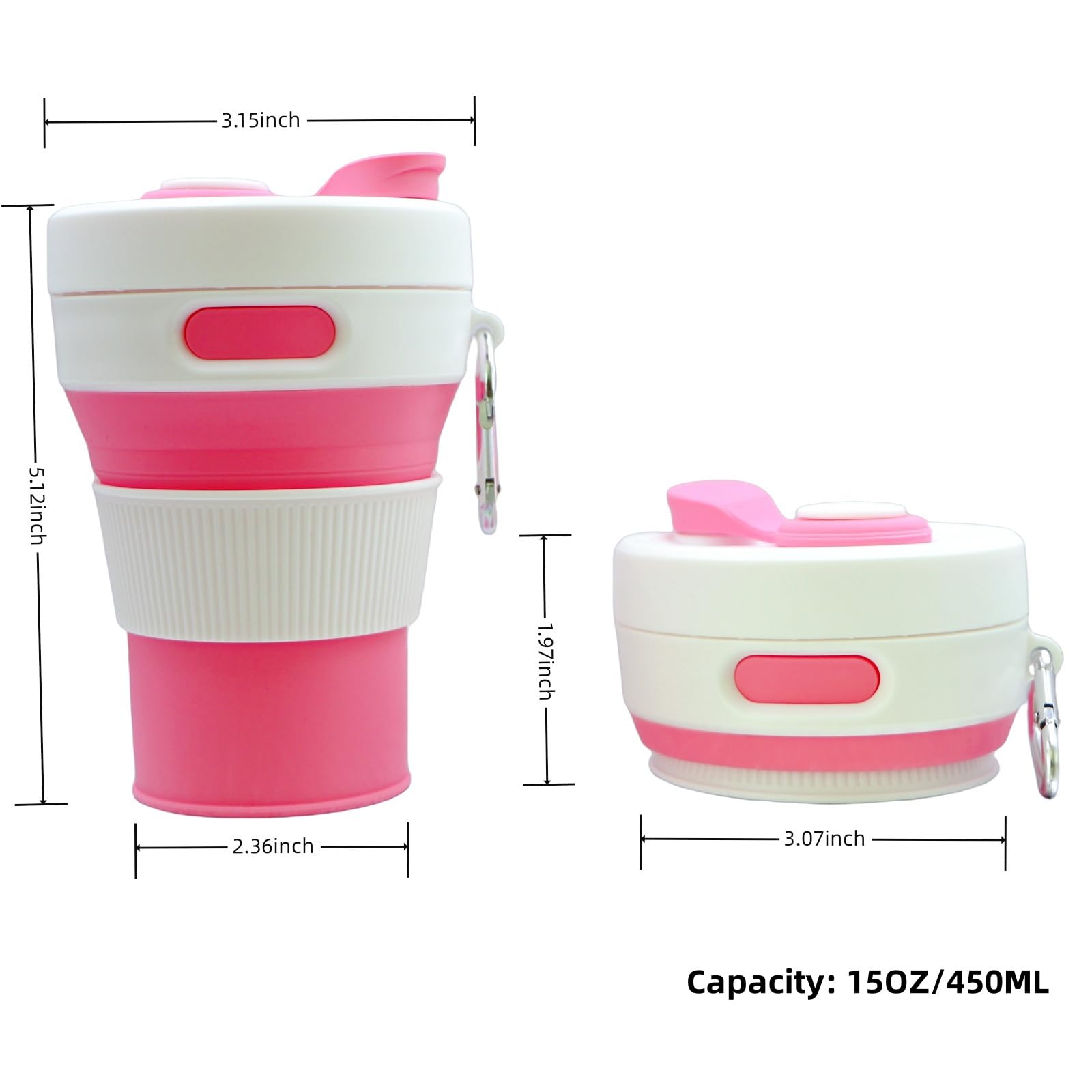 Pink15OZ/450ML Taza de viaje plegable de silicona para coche, taza de café con tapa, tazas de café frío y caliente con pajita, a prueba de fugas, reutilizable, adecuada para viajes, camping,