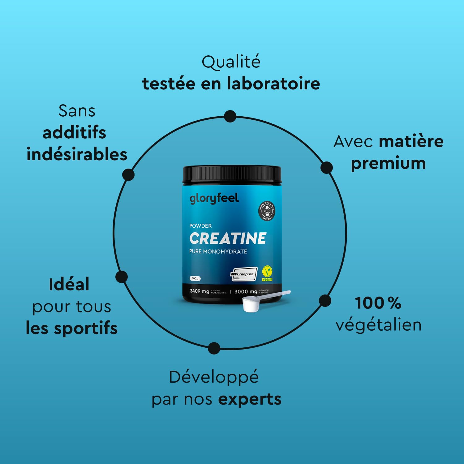 Créatine Monohydrate Poudre 100% Pure, Creatine Creapure® 3000mg par Dose, 147 Portions, Prise de Masse et Puissance Musculaire*, Non Aromatisé, Végane, Certifiée et Testé en Laboratoire, 500 g