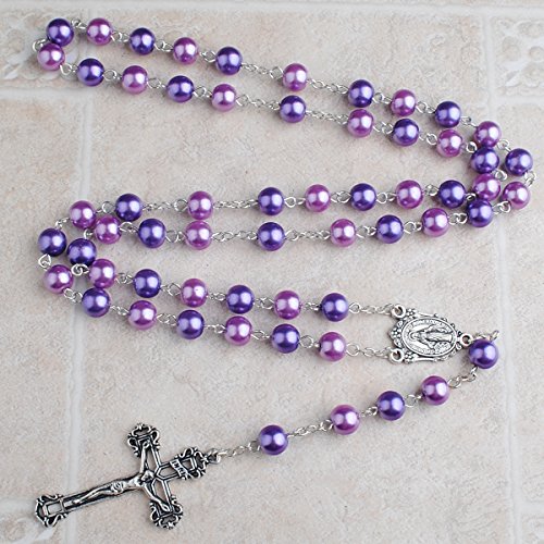 HanlinCC Purple and Pink Glass Pearl Beads Rosary Necklace with Miracuolus Center Piece and Aint-Silver Crucifix with Puprle Metal Gift Box4
