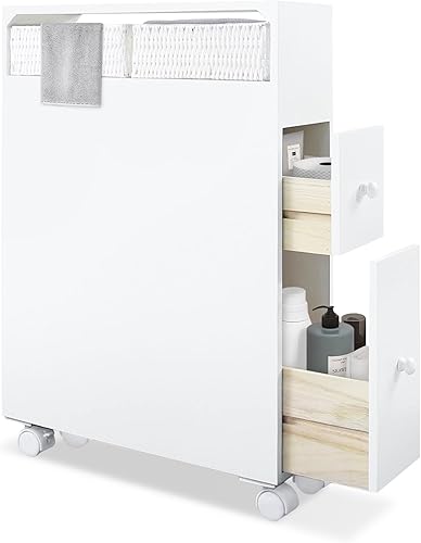 MASAKA B&W Armario de almacenamiento de baño móvil con 2 cajones y estante, almacenamiento de papel higiénico, estantes de esquina, juegos de