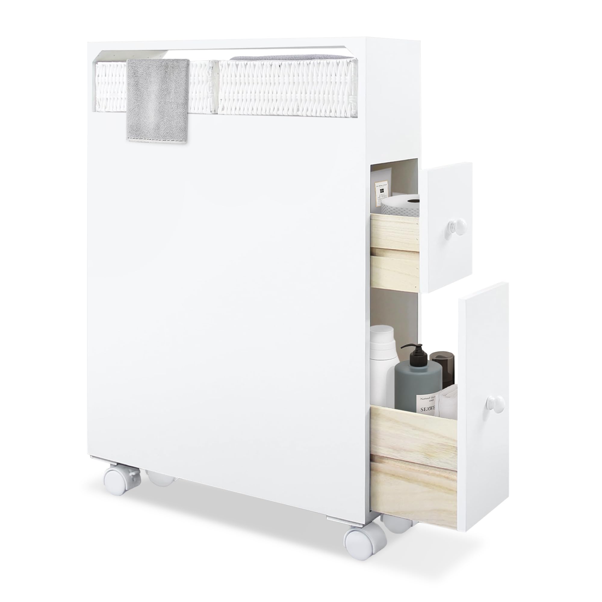 MASAKA B&W Movable Bathroom Storage Cabinet with 2 Drawers and Shelf, Toilet Paper Storage, Corner Shelves, Bathroom Furniture Sets, Side Organizer