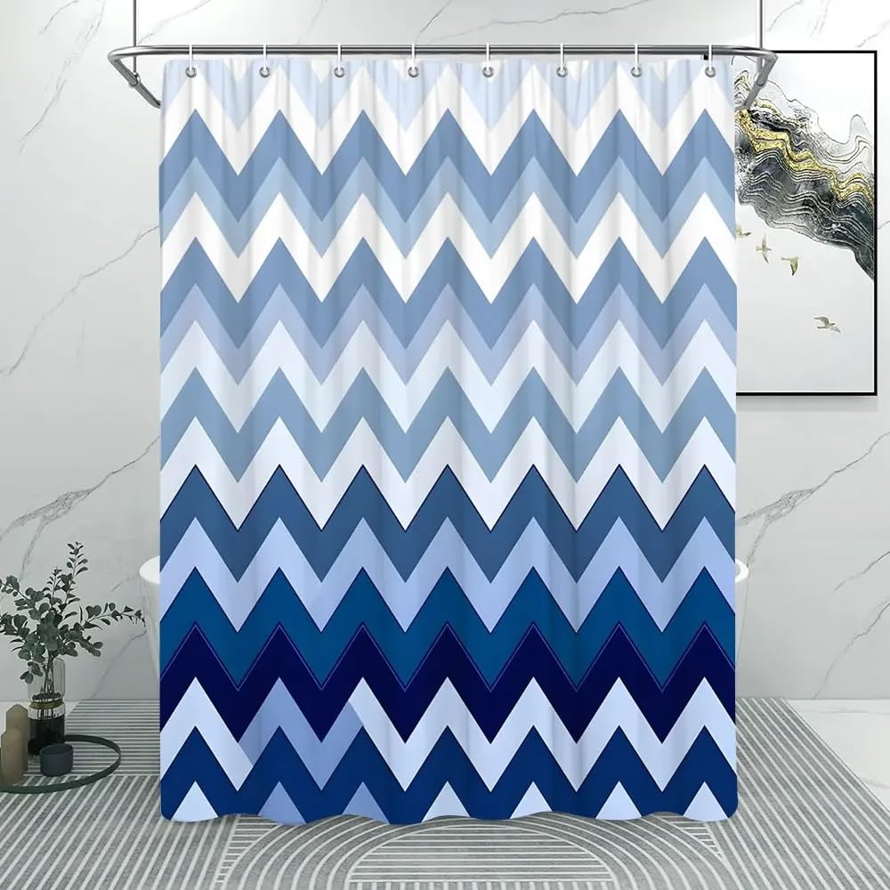 Cortina de Ducha 240 x 200 cm con Diseño de Rayas Onduladas en Azul y Blanco para Baño, Diseño Geométrico Moderno y Sencillo, de Poliéster, Impermeable, Lavable, 240 x 200 cm (1 Paneles).