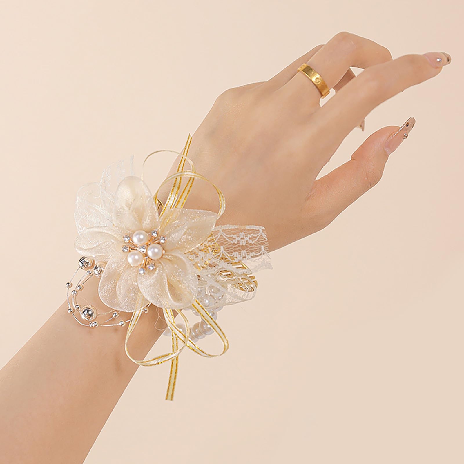 Iuoutg Girls Champagne B Wrist Corsages, Artificial Corsage Wristlet Bracelet,Wrist Bracelets For Mother Of Bride For Wedding Tea Party, Formal Dinner