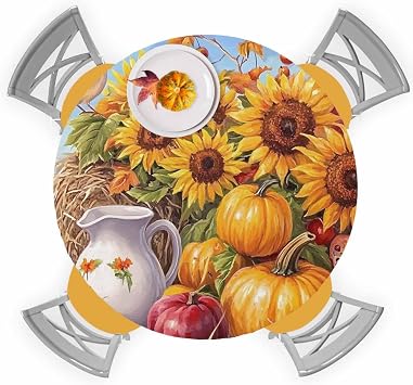 Round Fitted Tablecloths with Elastic Edge Thanksgiving Pumpkin Sunflower Watercolor Oil-Proof Waterproof Wipeable Table Cover for Kitchen Dining Party Decor Farm Bird Nest Table Clothes,55" - 60"