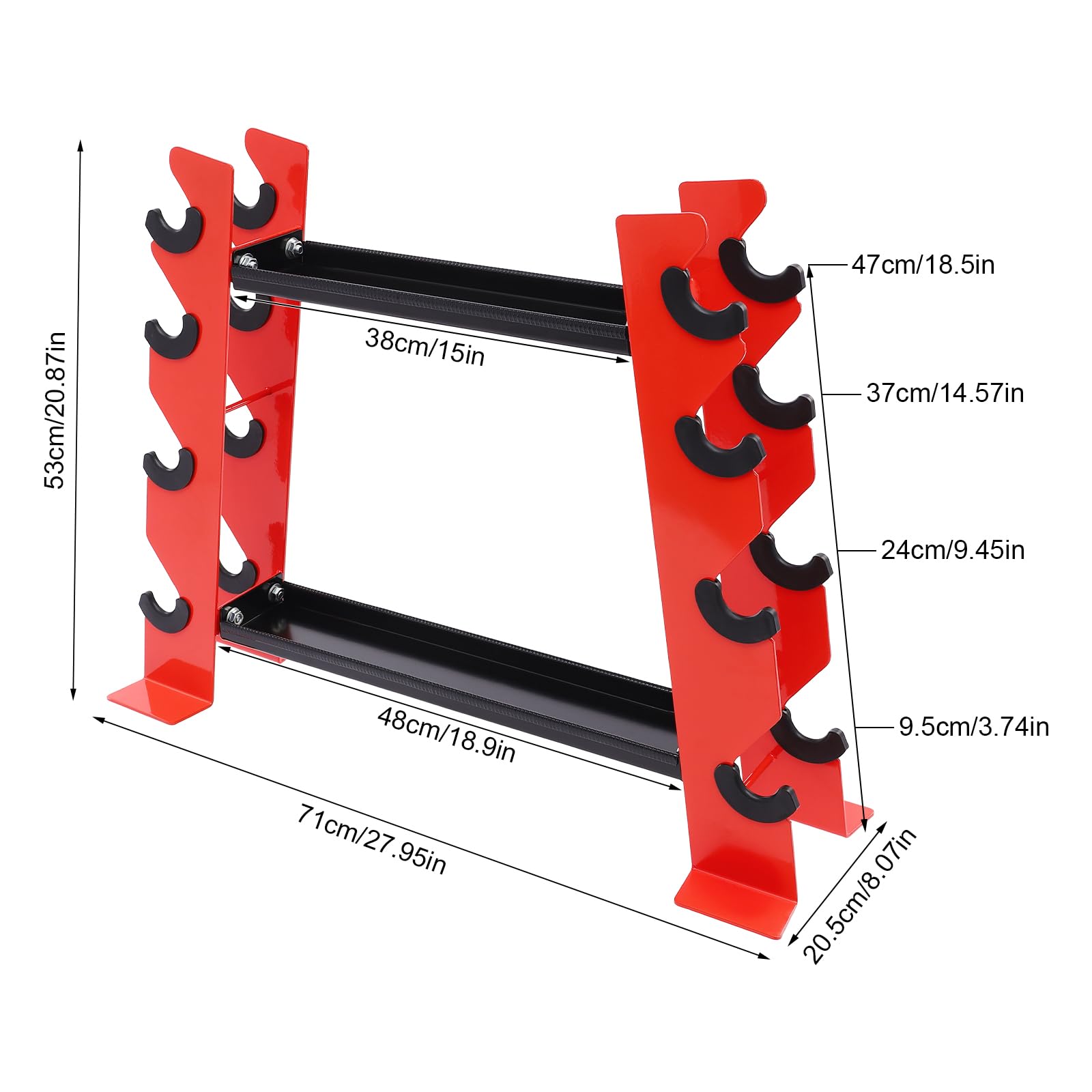 Supporto multifunzione per manubri, robusto supporto per manubri con 8 ripiani laterali + 2 ripiani centrali, portata 150 kg, anelli di protezione in gomma e design salvaspazio per casa, palestra
