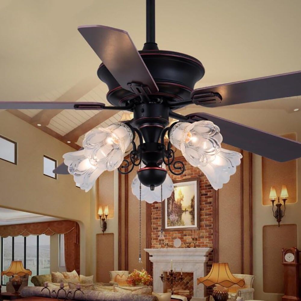 YUEGOO Ceiling Fans with Lamps,Leaf Fan Light American Iron Glass Lamp Ceiling Fan Light for The Living Room Bedroom Dining Room