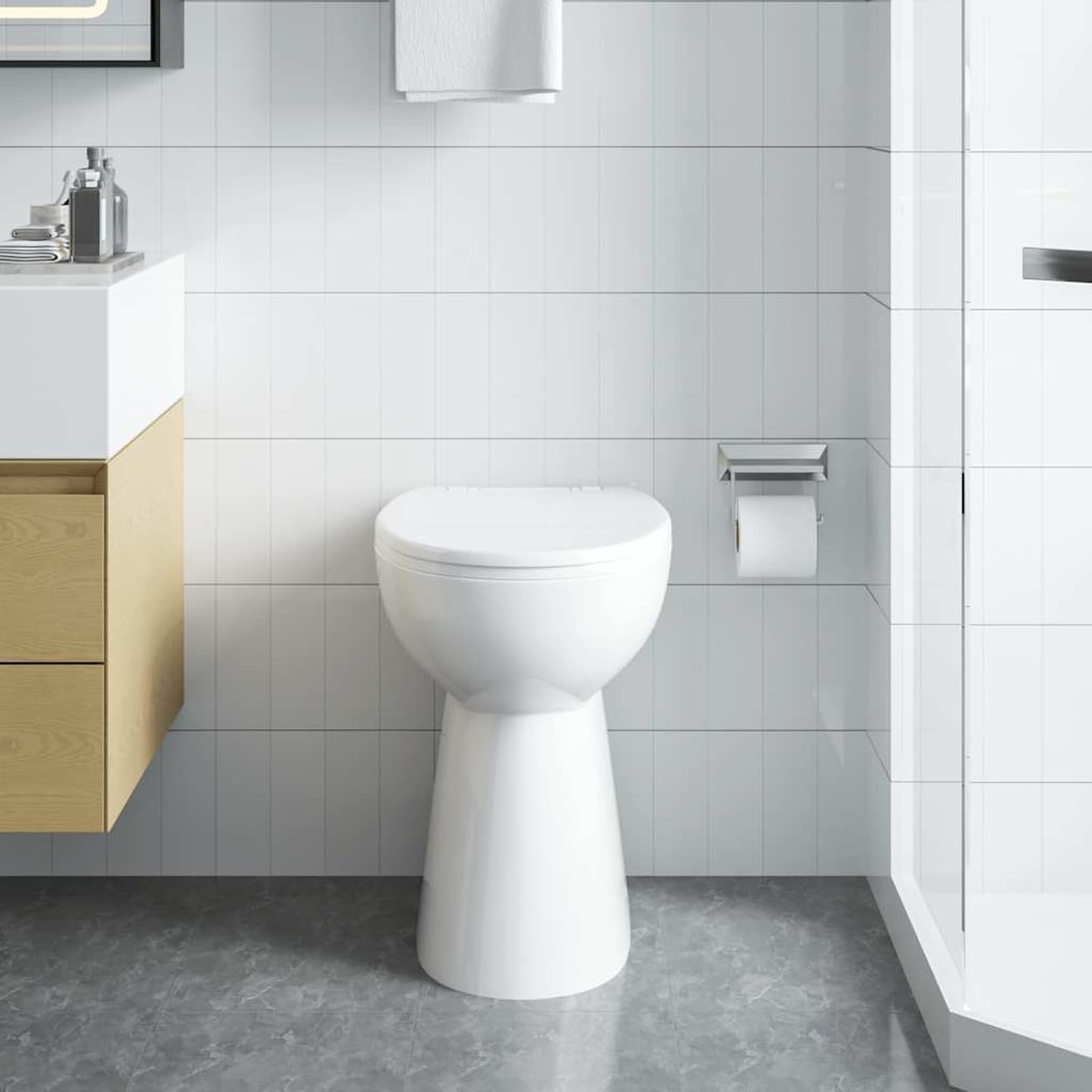 Inodoro sin borde con asiento de cierre suave, diseño fácil de limpiar para personas mayores y personas altas, construcción de cerámica blanca