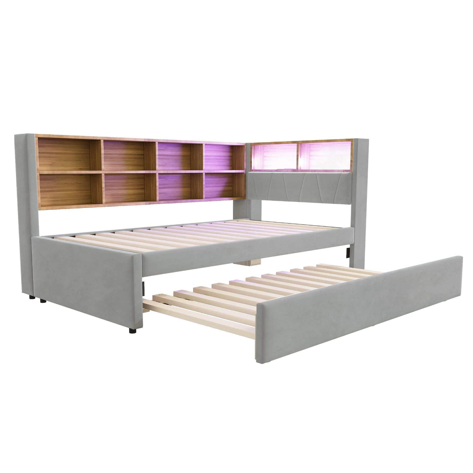 Tagesbett Schlafsofa 90x200 cm, Polsterbett Multifunktionsbett mit Ausziehbarem Bett 90x190 cm&USB-Steckdose&LED Leuchten& Mehreren Ablagefächern, Einzelbett mit Lattenrost, Ohne Matratze, Hellgrau