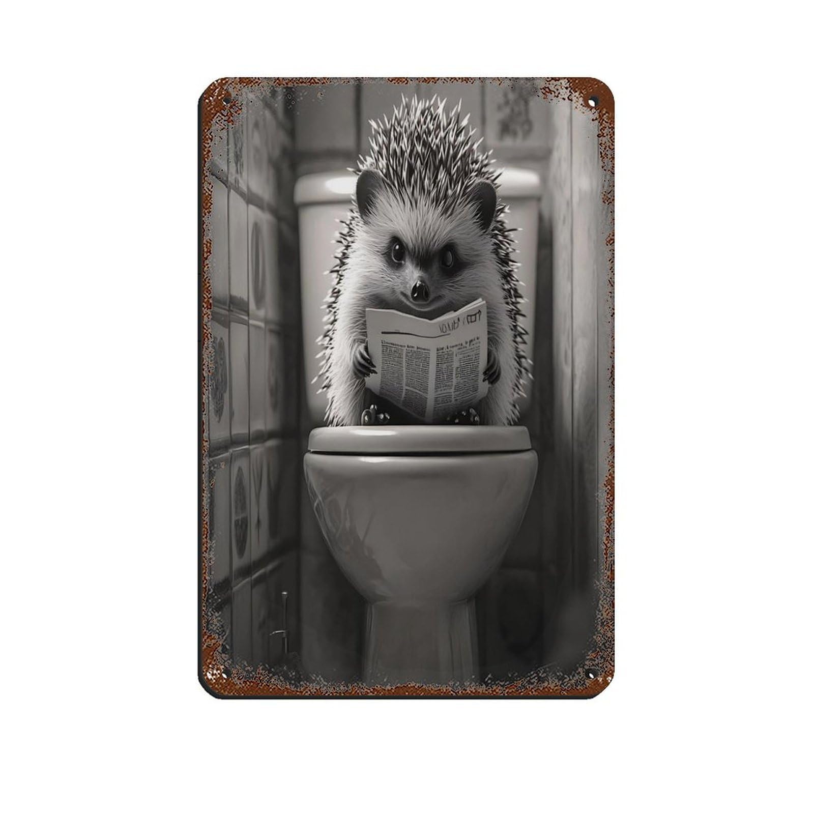 Quirky Hedgehog Bathroom, Reading Newspaper Retro Poster Metal Tin Sign Chic Art Retro Iron Painting Bar People Cave Cafe Family Garage Poster Wall Decoration 8x12inch(20x30cm)