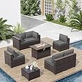 ALAULM 8 Pieces Outdoor Patio Furniture Set with Propane Fire Pit Table Sectional Sofa Sets Patio Furniture 43" Gas Firepit Brown Rattan Patio Conversation Set w/Coffee Table & Cushions-Gray