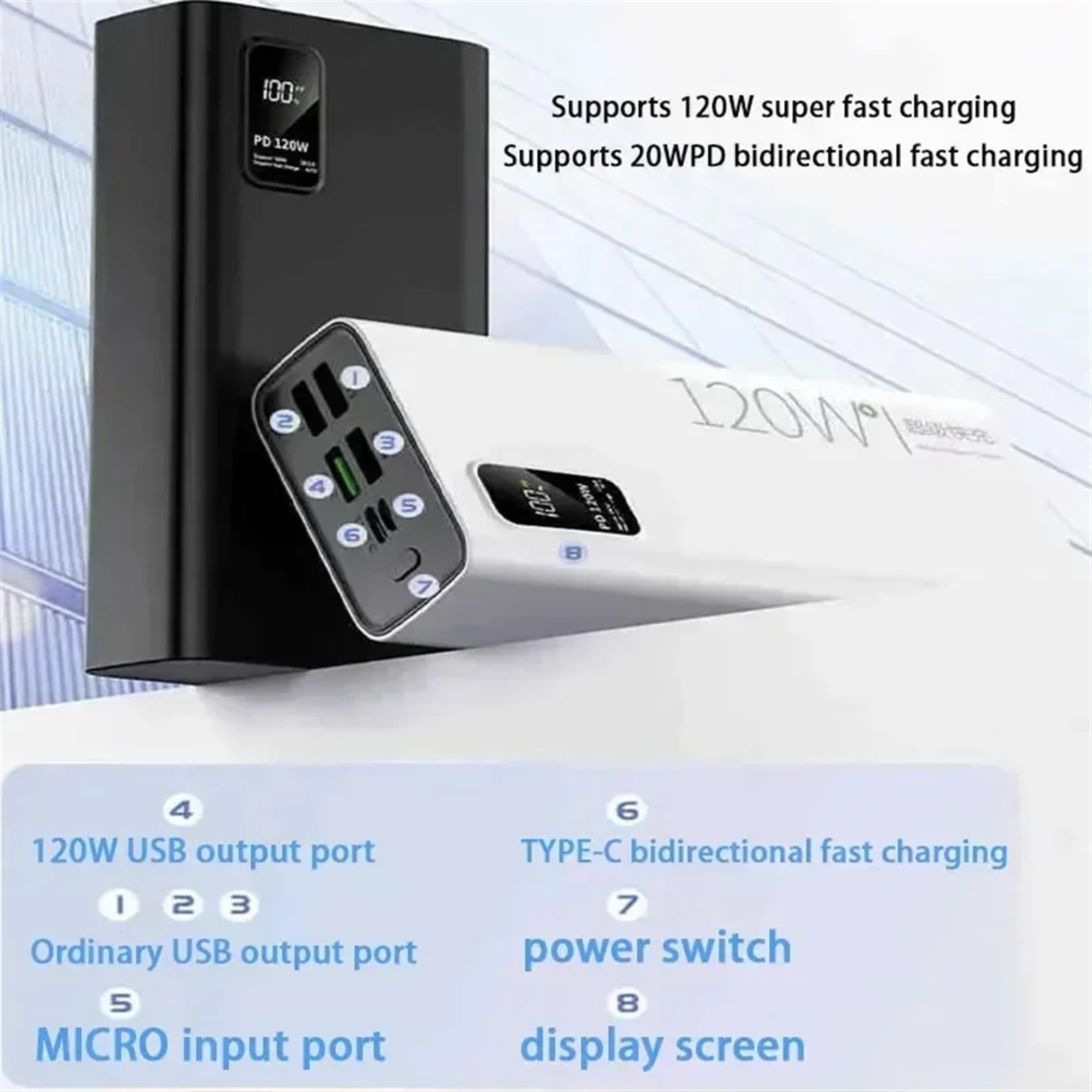 3/5/80000 MAh Power Bank 120 W Szybkie Ładowanie 100% Wystarczającej Pojemności Przenośna Ładowarka (Size : Black 80000mAh)