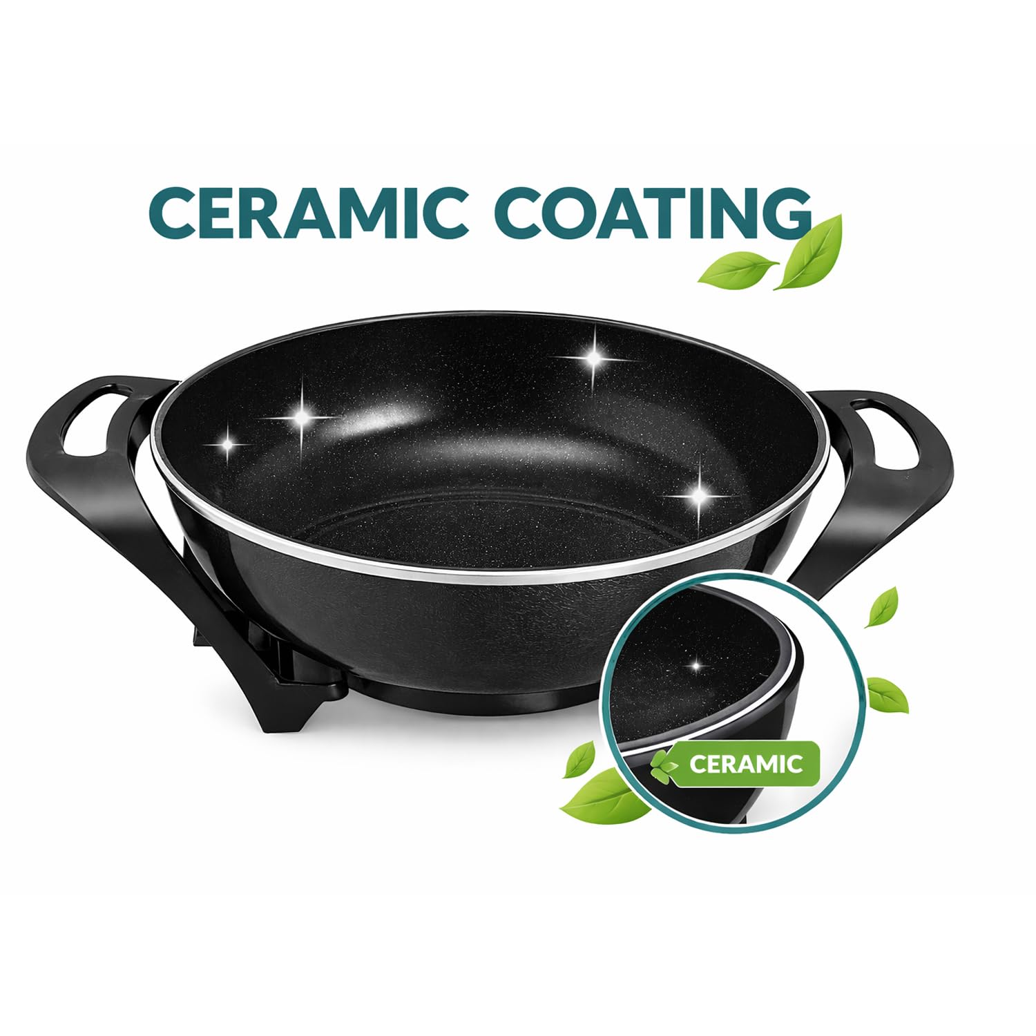BEPER P101COS100 Wok électrique 33 cm, 1500 W, revêtement antiadhésif en céramique, thermostat réglable, 5 litres, couvercle en verre, idéal pour sauter, frire et mijoter.