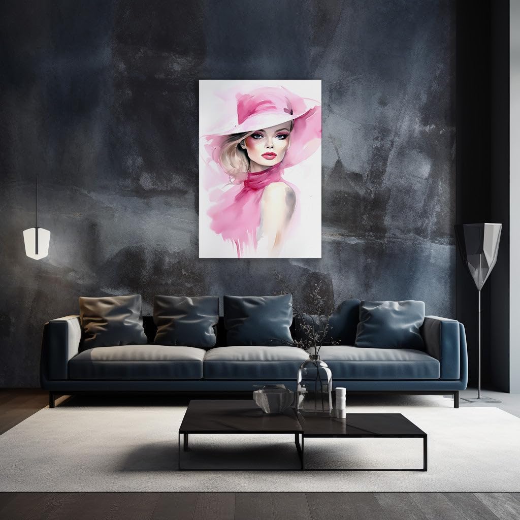 Canvas for Living room. Enigmatic Elegance: The Allure of the Lady in Pink, 27 x 18 inch Canvas Wall Art - Ready to Hang - 69x46 cm (27x18 inch)