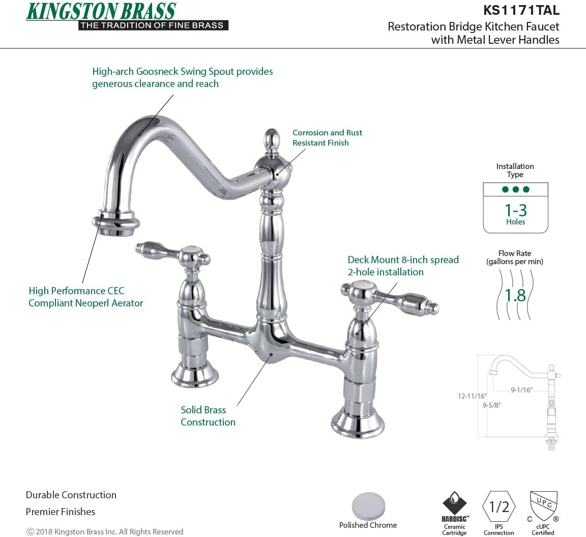 Kingston Brass KS1171TAL Tudor Bridge Kitchen Faucet, Polished Chrome