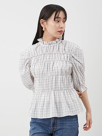 Amazon | [ミラオーウェン] シャーリングペプラムフリルブラウス