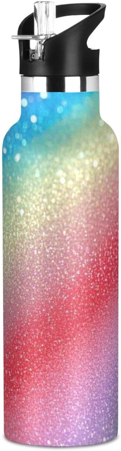 Botella de agua deportiva aislada con purpurina arcoíris degradado a prueba de fugas y sin BPA, con pajitas a prueba de fugas, mantiene el calor y