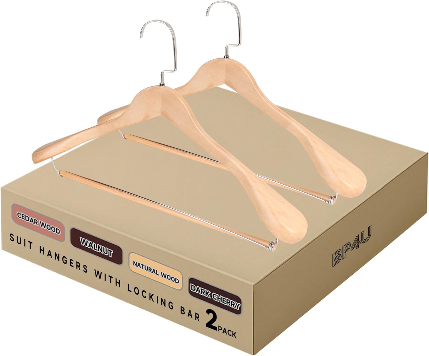 Wide Shoulder Wooden Hangers, Non-Slip Suit Hangers with Locking Bar, 2-Pack Wood Hangers with Flat-Head Hook for Suits, Jackets, Coats, Shirts, Outerwear and Heavy Clothes (Natural Wood)