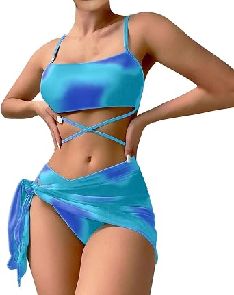 Women 3 Piece Bikini Sets with Skirt Halter Bikini Top Sexy Triangle Bikini Bottoms Beach Swimsuit Swimwear