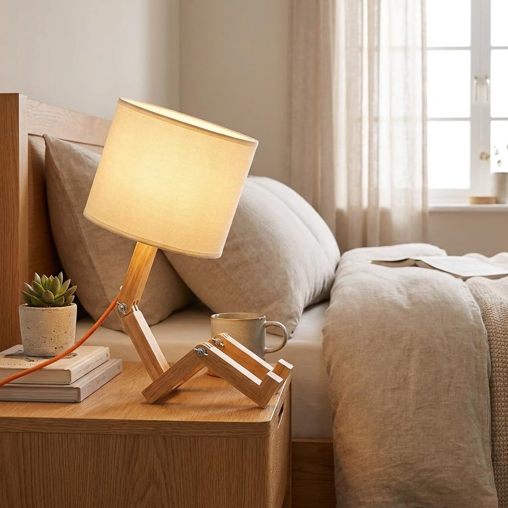 BARCELONA LED YOKI Holz Tischlampe Gelenkig, Skandinavische Schreibtischlampe im Figuren Design mit Weißem Stoffschirm, E27 Nachttischlampe für Schlafzimmer, Büro und Wohnzimmer