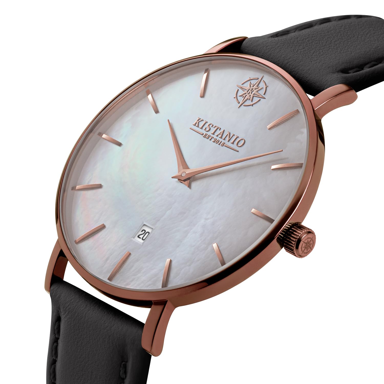 Moyen płaski zegarek damski ze skórzanym paskiem, szkło szafirowe, średnica 38 mm, stal nierdzewna, data, różne warianty, Mocca / masa perłowa / czarny, Pasek