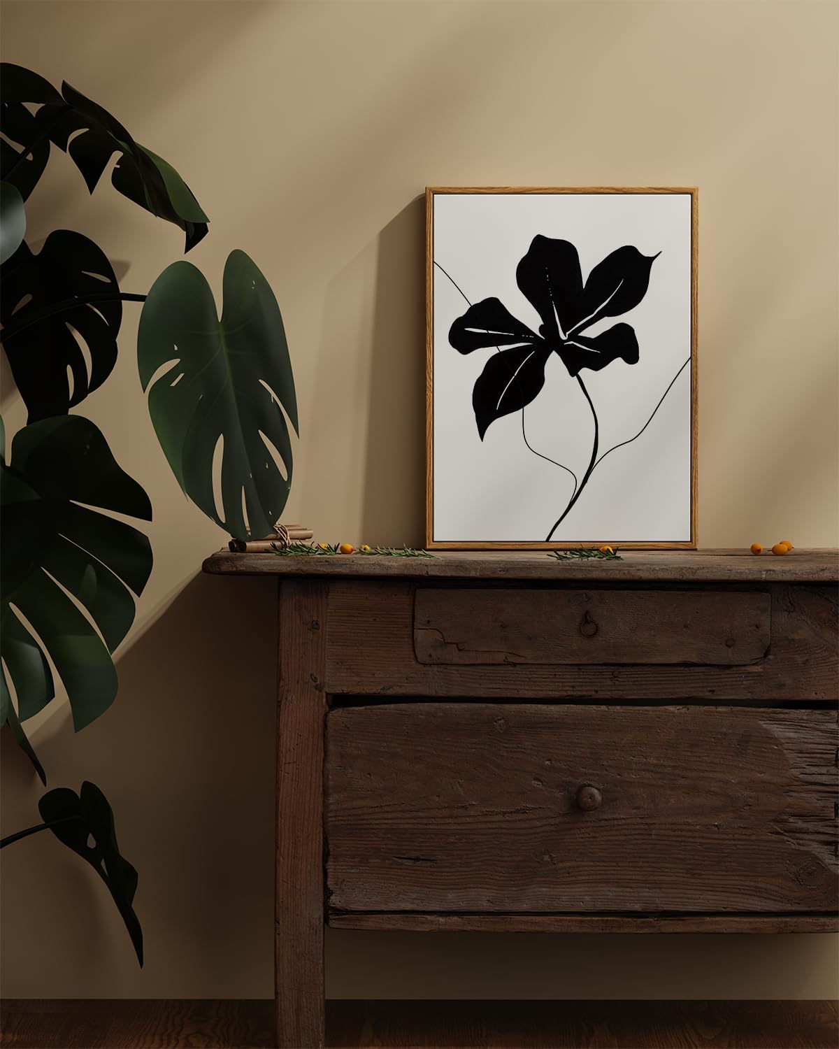 ARPEOTCY Framed Canvas Wall Art Prints, Vintage Black Abstract Minimalist Flower Art Home Shelf Decor Aesthetic, Rustic Mid Century Oil Paintings for Bedroom Bathroom Decor, 30x40cm — view 5