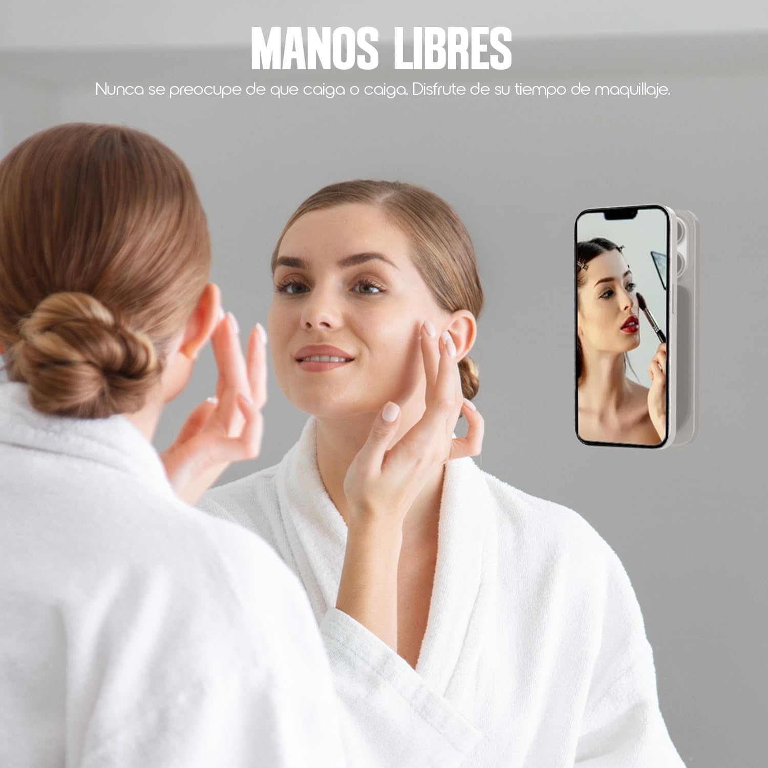 Woman applying makeup in front of a mirror with a smartphone attached to the mirror using the KBOD holder, demonstrating hands-free use.