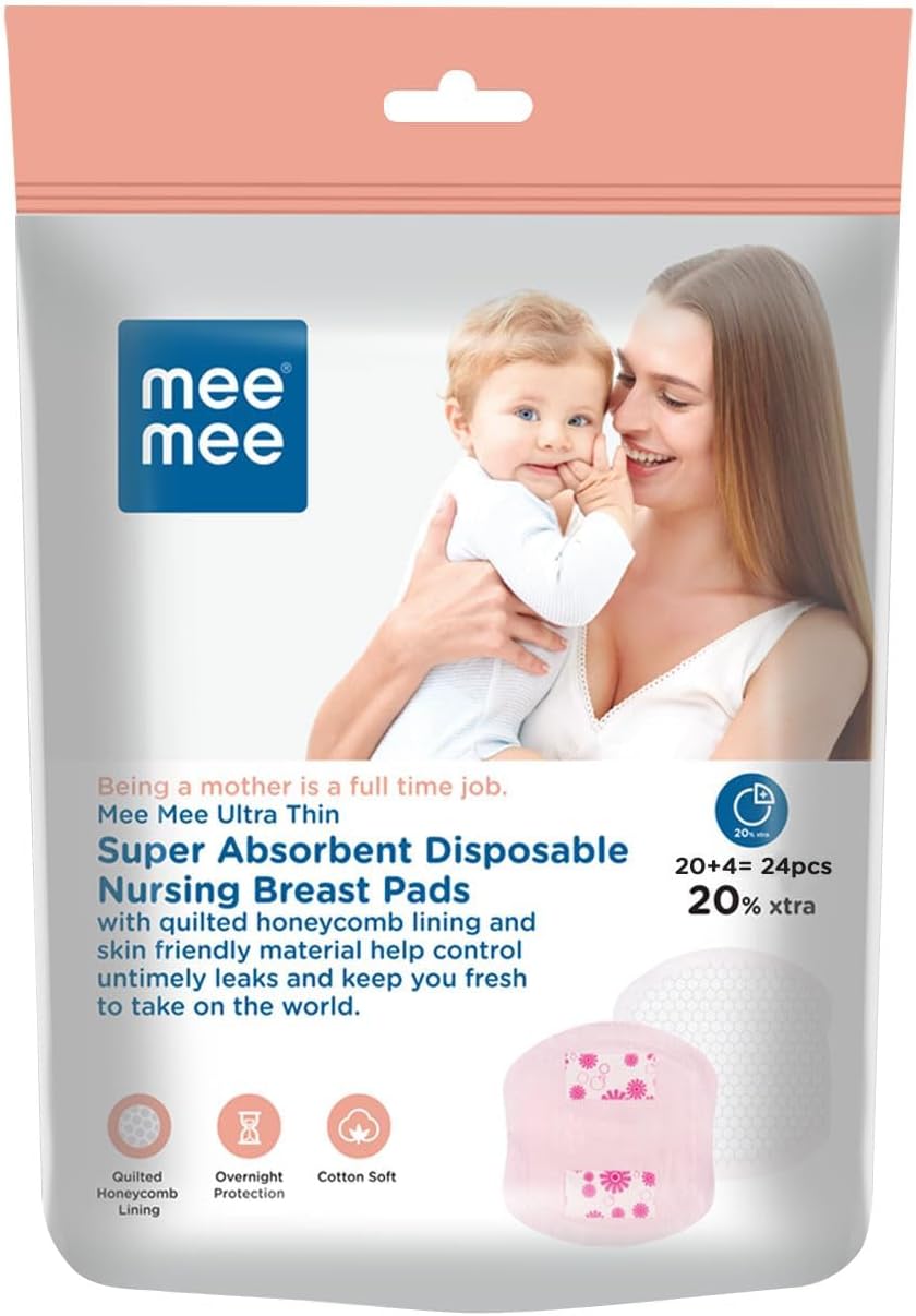 Mee Mee Disposable Nursing & Maternity Breast Pads 24 Pcs | Ultra Thin Honeycomb Pads with Leak Guard | Super Absorbent Soft Cotton | Compact, Leakproof, Skin-Friendly, Breastfeeding Pads for New Moms