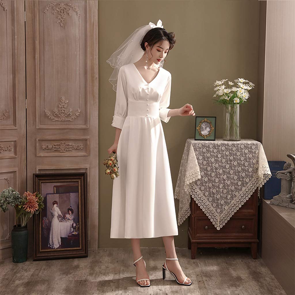 Vestido de novia de satén, vestidos de novia, vestidos formales de novia, falda de manga larga para mujer, faldas casuales, bonito vestido (color: blanco con velo, talla: mediana) (blanco con velo)