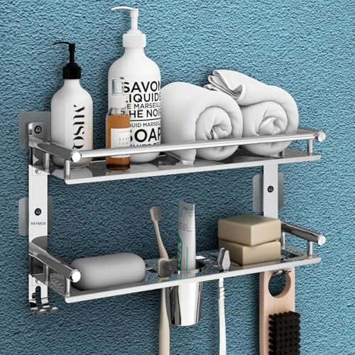 Image of RAYMOX 5 in 1 2-Tier Stainless Steel Wall Mounted Bathroom Rack /Shelf | Multi-Functional Rust-Proof Brush, Soap & Shampoo Holder for Bathroom | Bathroom Accessories, Washroom Basin - Silver