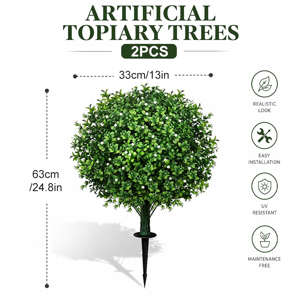 2er-Set Künstliche Buchsbaumkugel 60cm, Buchsbaum Kunstpflanze mit Erdspieß, Künstliche Pflanzen Wie Echt Fake Flowers Plastic Plants für Wohnzimmer Schlafzimmer Büro Garten Deko (Blütenknospe)