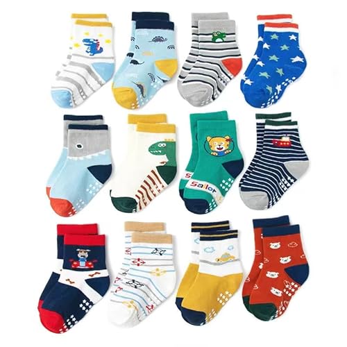 AIQIBAO 12 Pairs Anti Slip Socks With Grips,Funny Children Socks Ankle Toddler Kids Boys Girls New Born Baby Socks for 1-7 Years Old (L, Boys)