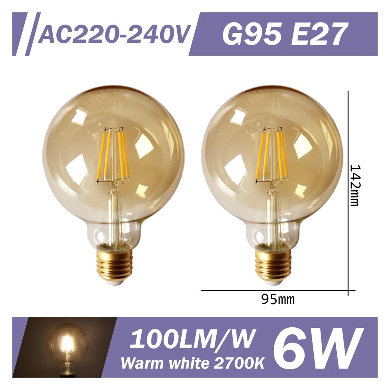 Genérico Bombilla LED de filamento (2 Unidades, E14, E27, C35, C35T, ST64, G80, A60, 220 V, 4 W, 9 W, Blanco cálido, Cristal, 360 Grados, Estilo Vela Retro, iluminación (G95, E27, 2700 K).