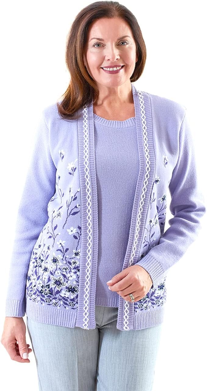 Fashion Friendly Ladies Flower Twin Cardigan Lilac 2 Extra Large