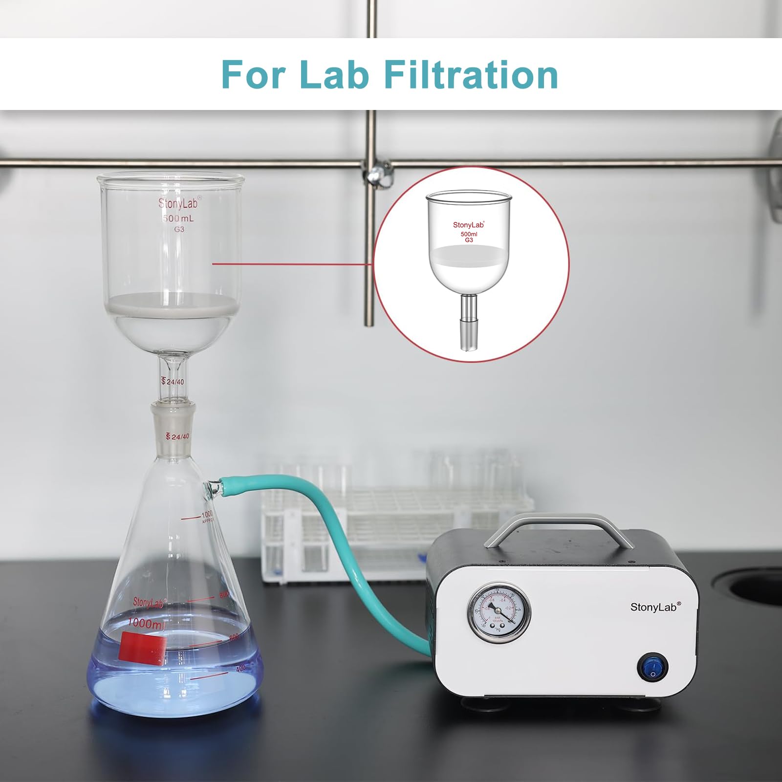 stonyLab Imbuto di Filtrazione Buchner in Vetro Borosilicato con Disco di Filtro Fine (G3) e Giunto Standard Inferiore 24/40, 1000 ml