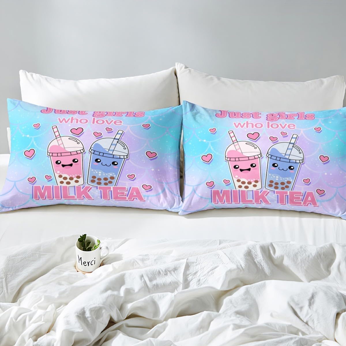 Castle Fairy Cute Milk Tea Bedding Set for Kids Boys Girls,Purple Blue Ombre Fishscale Comforter Cover Cute Room Decor,Cartoon Love Heart Ultra Soft Duvet Cover,Full Size Quilt Cover,No Comforter