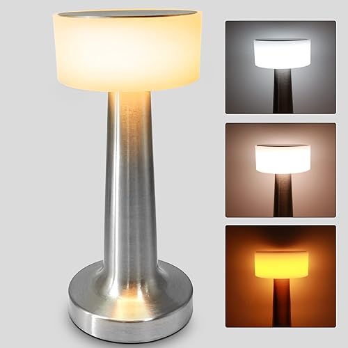 Cordless Lamp,Portable LED Table Lamp With Touch,3 Colors Stepless Dimming,1800MAH Rechargeable Battery Operated Lamp,Restaurant Table Lamp,Night Light for Kids Nursery,Nightstand Lamp(Silver)