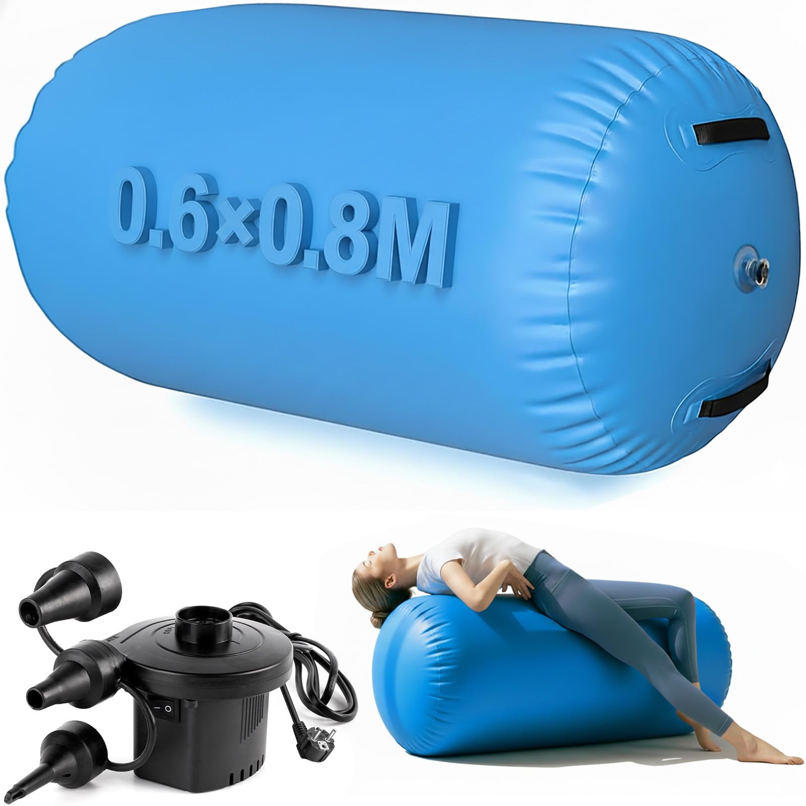 Air Roller Gymnastics Barrel with Pump, Inflatable Tumble Track Mat Gymnastics Equipment for Home Training, Tumbling, Yoga & Backflip Practice, Waterproof Air Tumbling Mat for Home & Studio (0.6*0.8M)